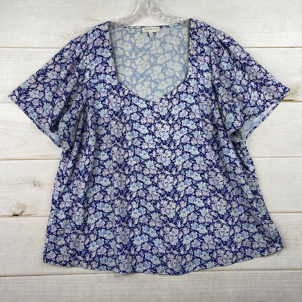 Skies are Blue Anthropologie Top Womens 2X Curvy Blue Floral Short Sleeve V Neck